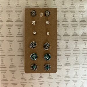 Set of Six Silver and Turquoise Stud Earrings